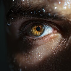 Close-up of a human eye on a wet face.