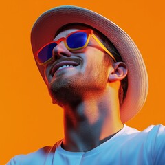 Smiling man wearing sunglasses and a hat on a yellow background
