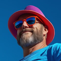portrait of a man wearing sunglasses on blue background