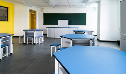 Modern classroom with hexagonal tables