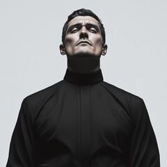 A handsome middle-aged man in black clothes looks trustworthy on a white background.