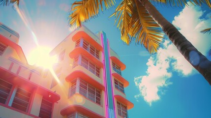 Brightly coloured art deco building, palm trees and blue sky, sunshine.
Great to emphasise the themes of travel, architecture, cityscapes and advertising of resort destinations.