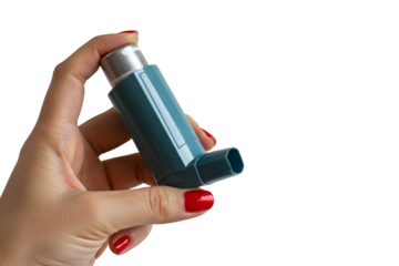 Hand holding an asthma inhaler isolated on transparent background