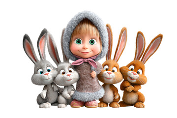 Cute cartoon girl with four fluffy bunnies on black background