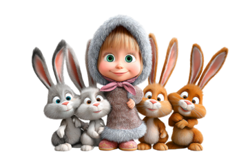 Cute cartoon girl with four fluffy bunnies on black background