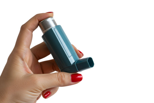 Hand holding an asthma inhaler isolated on transparent background