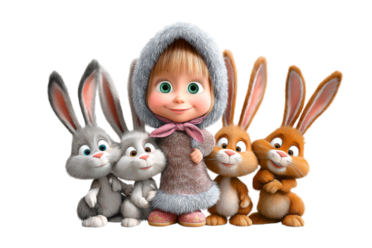 Cute cartoon girl with four fluffy bunnies on black background