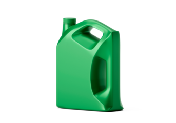 Empty green plastic engine oil bottle, transparent background