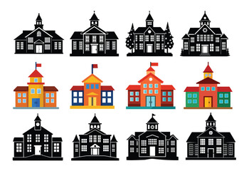 Collection of diverse architectural styles of buildings featuring colorful facades and detailed silhouettes