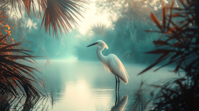 Morning fog over a body of water, white heron standing among the reeds waiting for prey, perfect for nature calendar designs and environmental projects.
