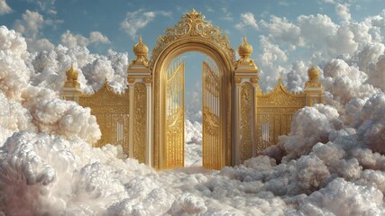 Majestic golden gates opening amidst fluffy clouds, camera zooms in for dramatic effect - Powered by Adobe