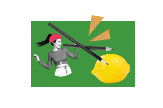 Creative art 3d image collage of happy artist girl wear beret hold pencil school supply art subject draw lemon fruit detox