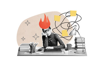 Creative collage picture young woman clerk office worker table urgency burning flame deadline...