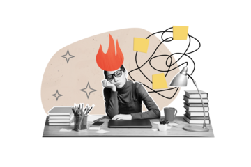 Creative collage picture young woman clerk office worker table urgency burning flame deadline burnout exhausted drawing background