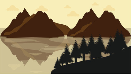 Calm lake mountain vector background with forest reflection and yellow sky, minimalist design. © Devid
