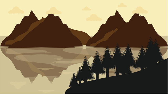 Calm lake mountain vector background with forest reflection and yellow sky, minimalist design.
