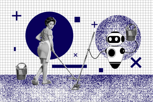 Photo cartoon comics sketch collage of happy housemaid girl hold mop wipe bucket gpt bot robot helper app intellect isolated on violet color