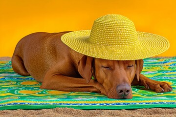 a realistic photo of a sleeping dog next to a sunbathing traveler in full vacation mode