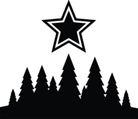 Vector Christmas tree forest with star black and white silhouette illustration