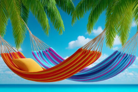 a realistic photo of travelers relaxing in hammocks under palm trees