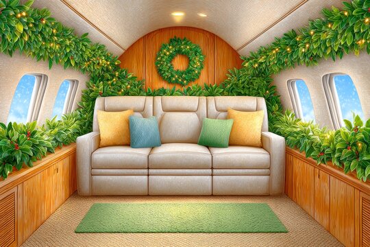 a watercolor holiday travel scene with a cozy airplane interior and mistletoe