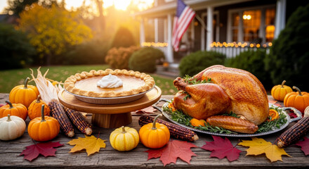 Thanksgiving feast with roasted turkey, pumpkin pie, and autumn decor outdoors in front of a US home.