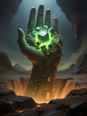 The Rare Earth Nexus. A stunning digital painting of a colossal, stylized hand reaching up from a bedrock of earth, cradling a cluster of brightly glowing rare earth magnets and circuit board fragment