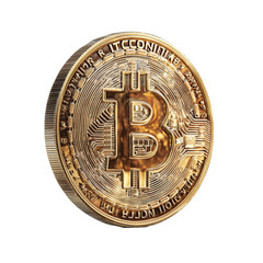 Close up of a shiny gold bitcoin cryptocurrency coin on a black background