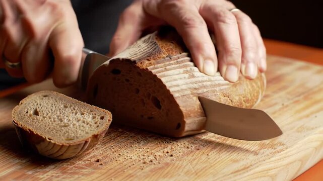 Person slicing bread loaf with knife on wooden board. Background shows darkness and food use