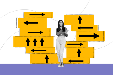 Composite art 3d creative image collage of happy girl freelancer hold phone choice business development path contemplation