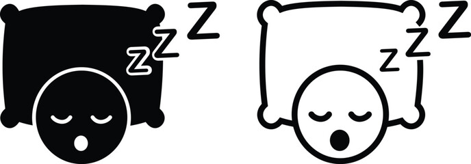Black pillow with sleeping face emoji vector icon set, collection and group in flat and line style, includes sleep symbol, rest sign, nap illustration, bedtime concept, relaxation and comfort design