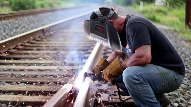 Railway worker welding rail track outdoors, sparks flying with blurry green background. Engineering concept