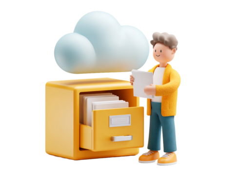 Man organizing files in a cloud storage cabinet