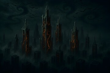 Haunted city skyline, skyscrapers made of bone and fog glowing with amber plasma lines