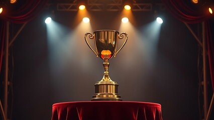 A golden trophy displayed on a velvet podium with dramatic award ceremony lighting.