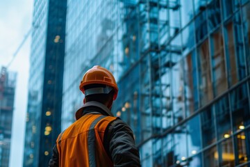 Fototapeta premium Construction worker observing modern skyscraper building