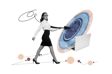 Composite photo collage of serious businesswoman walk arrow up target office career development macbook isolated on painted background