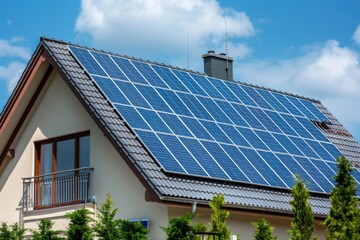 House with solar panels on the roof under blue sky