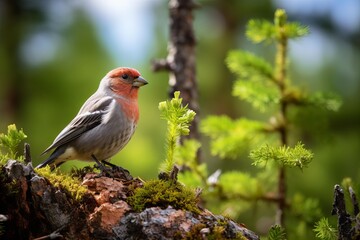 Common rosefinch standing on a mossy surface in its natural habitat