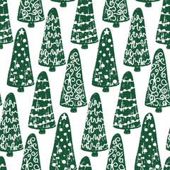 Seamless Christmas pattern with hand-drawn green trees on white background, festive winter design with textured details, ideal for holiday wrapping paper, textiles, cards, and seasonal decorations