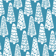 Seamless festive pattern with hand-drawn Christmas trees in white on a blue background, perfect for holiday wrapping paper, winter textiles, greeting cards, seasonal decor, and New Year designs