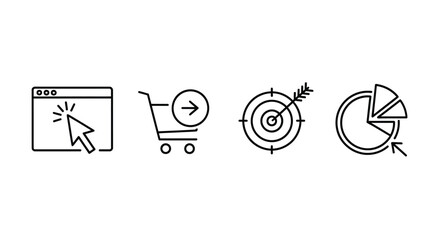 Set of four digital marketing icons representing website click shopping cart target and pie chart business analytics vector