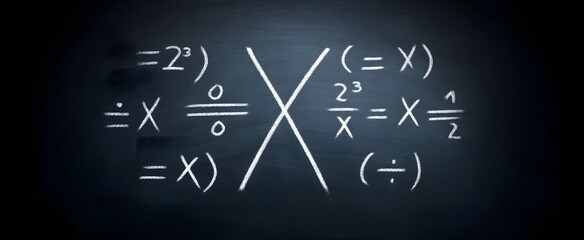 Math symbols dance boldly on a chalkboard sailing a sea of white backdrop