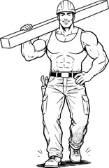 Illustration of a muscular construction worker carrying a wooden beam.