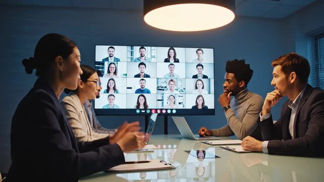 Diverse Business Professionals Collaborating in a Modern Hybrid Video Conference Meeting