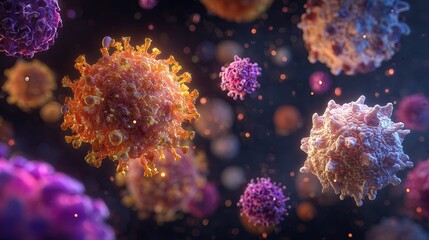 Obraz premium Photorealistic 3D illustration of diverse viruses floating in microscopic space, showing detailed viral structures, textures, and shapes in scientific visualization style, generative ai illustration.