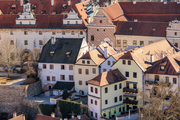 Aerial view of historic european town with charming architecture and red tiled roofs