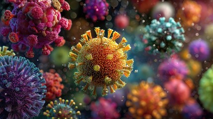 Obraz premium Photorealistic 3D illustration of diverse viruses floating in microscopic space, showing detailed viral structures, textures, and shapes in scientific visualization style, generative ai illustration.