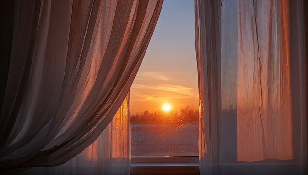 Warm sunset seen through sheer curtains - Powered by Adobe