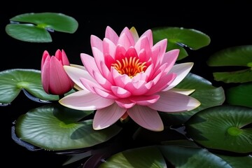 Beautiful pink water lily blooming in a dark pond surrounded by green lily pads